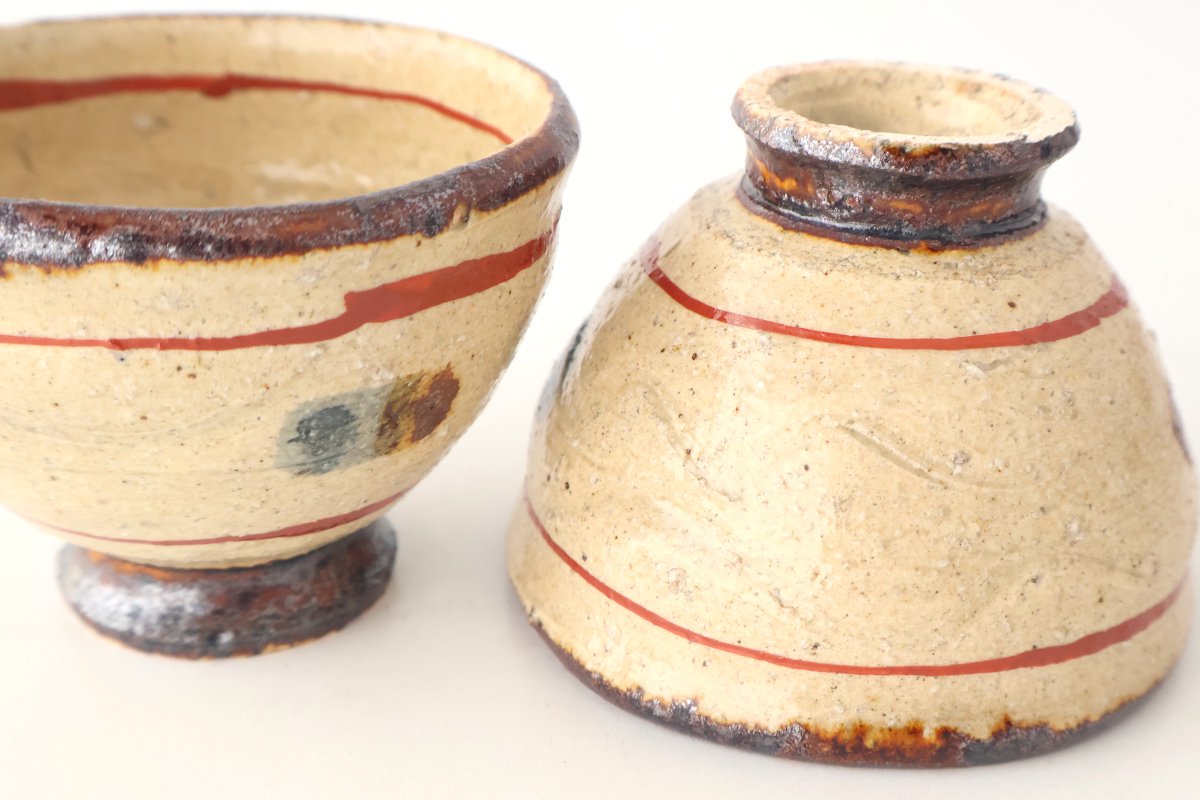 Sake Cup Guinomi Brown and Red Lines | Shigaraki Ware