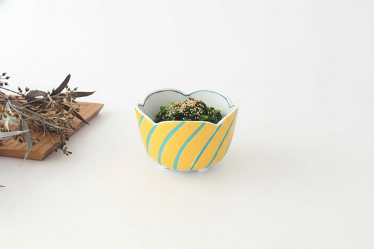 Flower-shaped Small Bowl Yellow and Green Stripe | Arita Ware