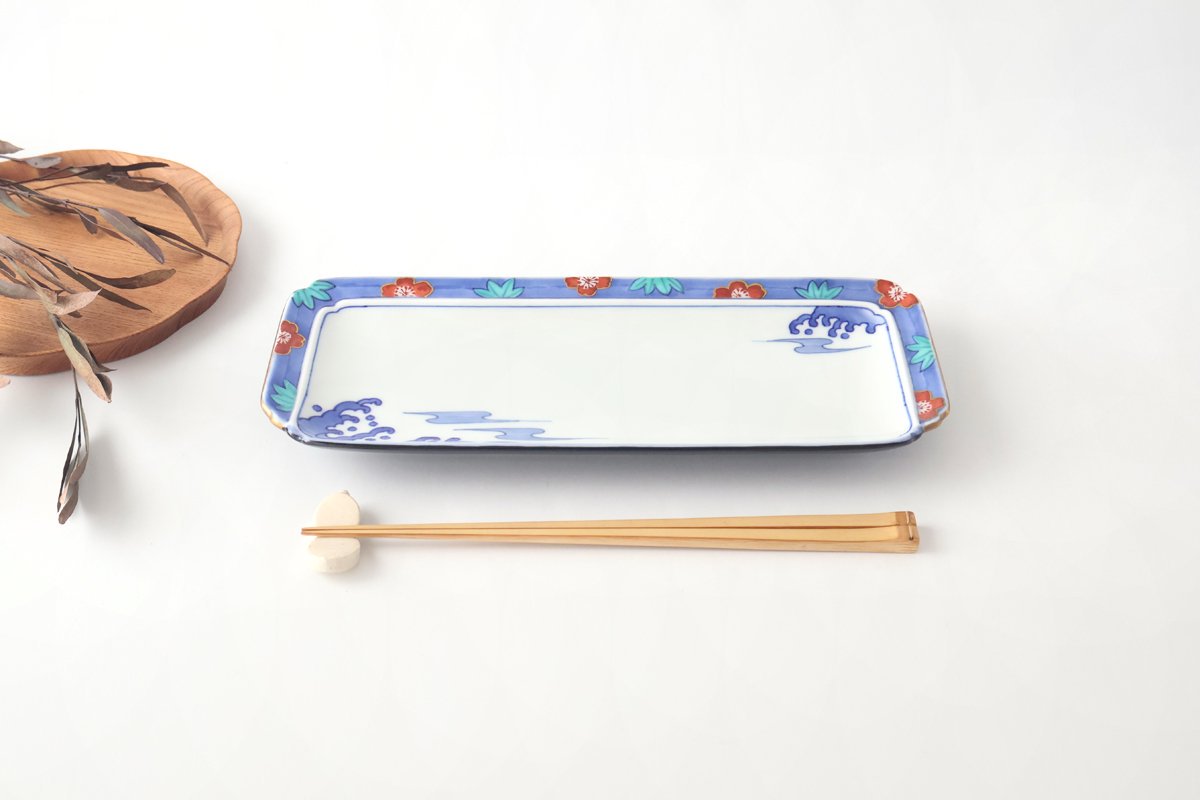 Long Square Plate Plum,Pine and Blue Wave | Sushi Plate Arita ware