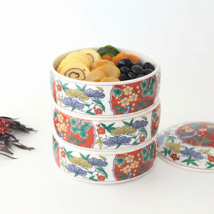 Three-tier heavy pine, bamboo, and plum porcelain Arita ware