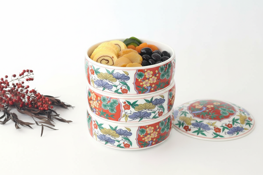 Three-tier heavy pine, bamboo, and plum porcelain Arita ware