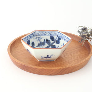 Small Hexagonal Bowl Flower and Birds｜Kobachi Hasami Ware