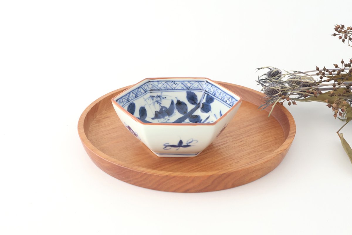 Small Hexagonal Bowl Flower and Birds｜Kobachi Hasami Ware