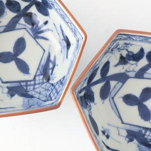 Small Hexagonal Bowl Flower and Birds｜Kobachi Hasami Ware