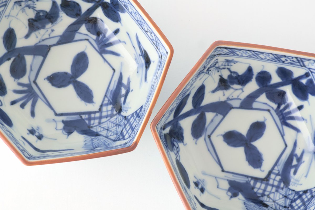 Small Hexagonal Bowl Flower and Birds｜Kobachi Hasami Ware