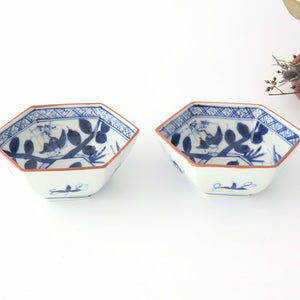 Small Hexagonal Bowl Flower and Birds｜Kobachi Hasami Ware