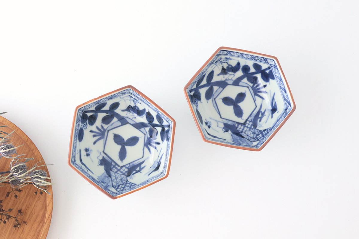 Small Hexagonal Bowl Flower and Birds｜Kobachi Hasami Ware