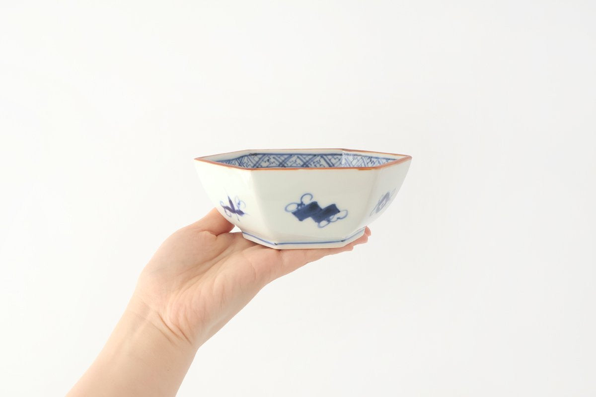 Small Hexagonal Bowl Flower and Birds｜Kobachi Hasami Ware