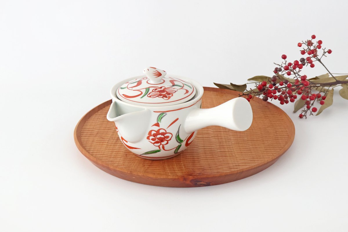 Japanese Teapot Red Flowers | Kyusu Arita Ware