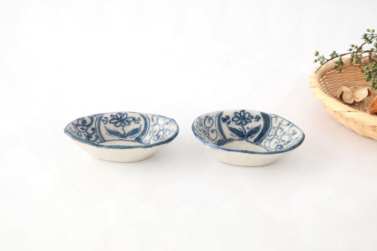 Oval Small Bowl Blue Flower Annan | Mino Ware