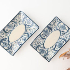 [UTSUWABI Special Order] Long Rectangular Plate Blue Flower Annan | Mino Ware