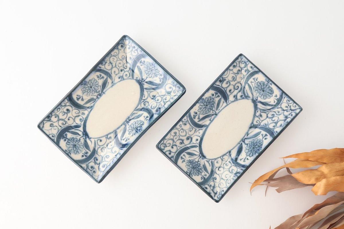 [UTSUWABI Special Order] Long Rectangular Plate Blue Flower Annan | Mino Ware