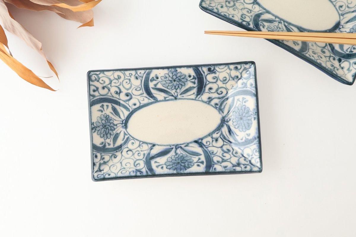[UTSUWABI Special Order] Long Rectangular Plate Blue Flower Annan | Mino Ware