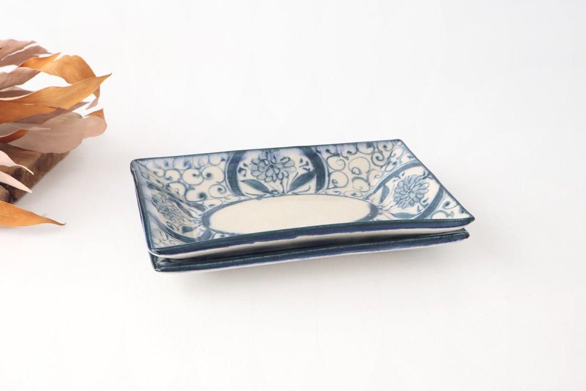 [UTSUWABI Special Order] Long Rectangular Plate Blue Flower Annan | Mino Ware