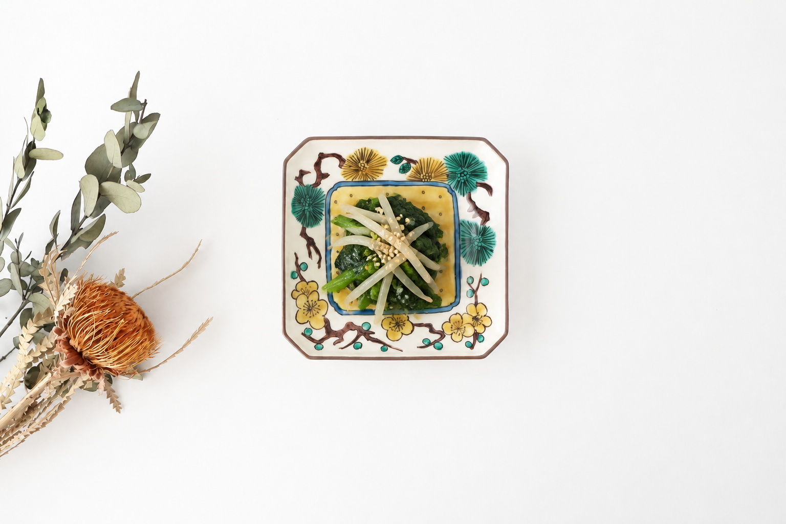 Kutani Bitoen Square Plate Pine and Plum Pattern 12cm/4.7in | Kutani Ware
