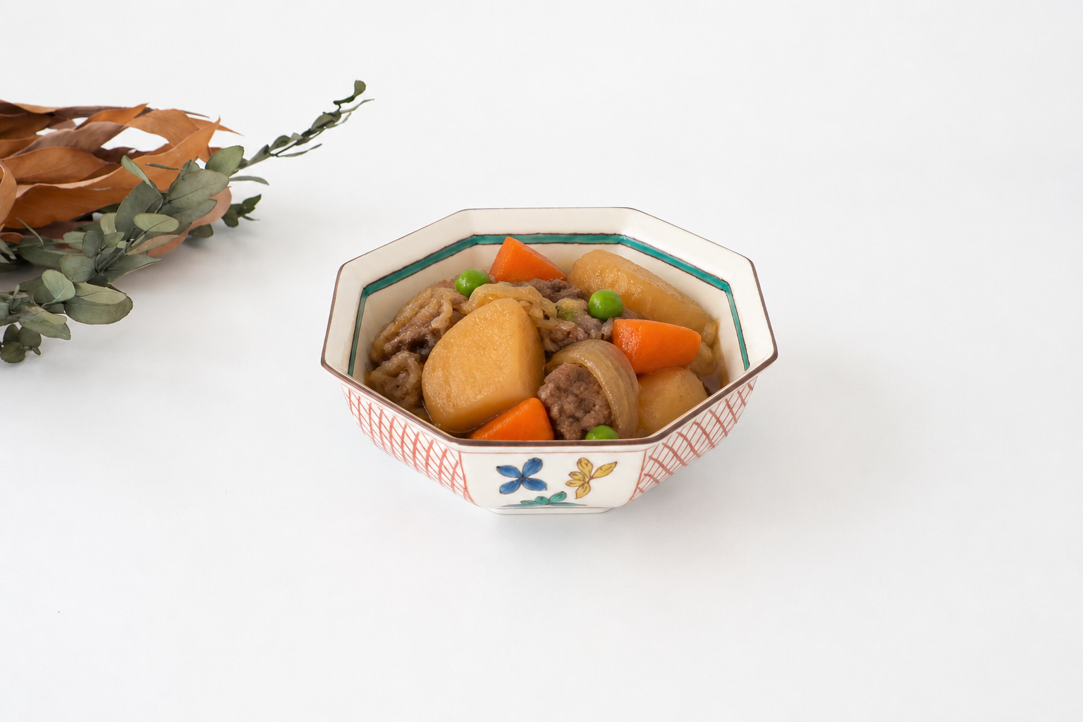 Kutani Bitoen Octagonal Bowl Flower Pattern | Serving Bowl Kutani Ware