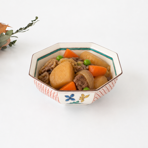 Kutani Bitoen Octagonal Bowl Flower Pattern | Serving Bowl Kutani Ware