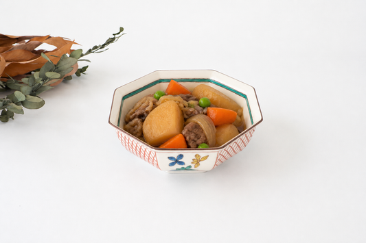 Kutani Bitoen Octagonal Bowl Flower Pattern | Serving Bowl Kutani Ware