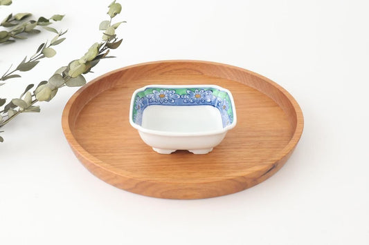 Square Small Bowl Blue and Green Rim Flower Pattern | Kobachi Arita Ware