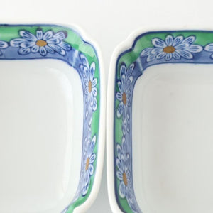 Square Small Bowl Blue and Green Rim Flower Pattern | Kobachi Arita Ware