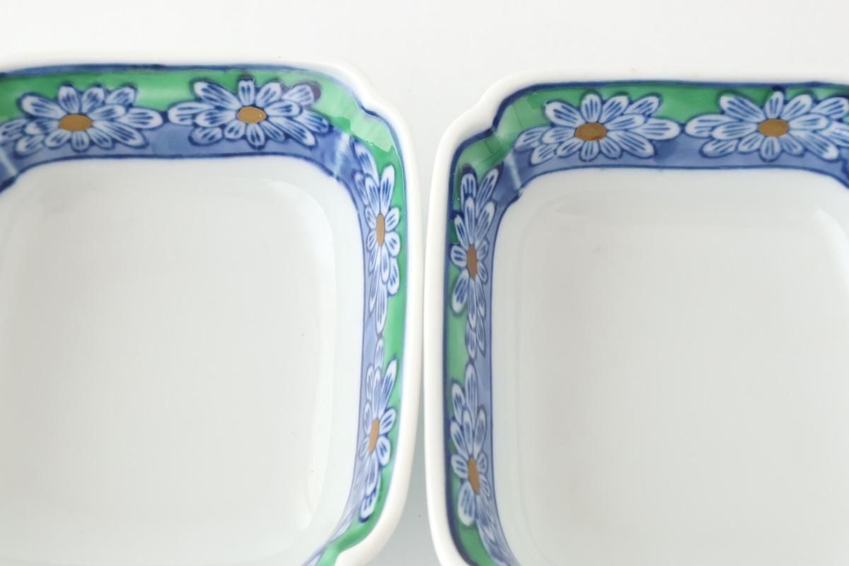 Square Small Bowl Blue and Green Rim Flower Pattern | Kobachi Arita Ware