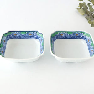 Square Small Bowl Blue and Green Rim Flower Pattern | Kobachi Arita Ware