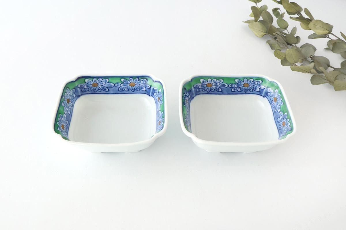 Square Small Bowl Blue and Green Rim Flower Pattern | Kobachi Arita Ware