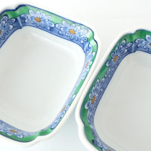 Square Small Bowl Blue and Green Rim Flower Pattern | Kobachi Arita Ware