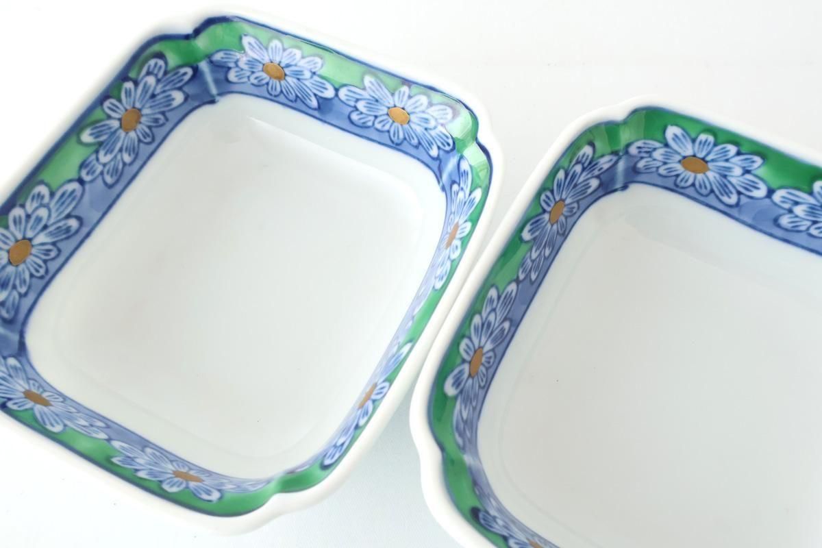Square Small Bowl Blue and Green Rim Flower Pattern | Kobachi Arita Ware
