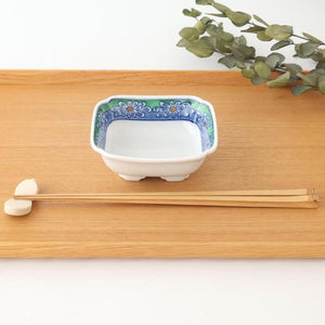 Square Small Bowl Blue and Green Rim Flower Pattern | Kobachi Arita Ware