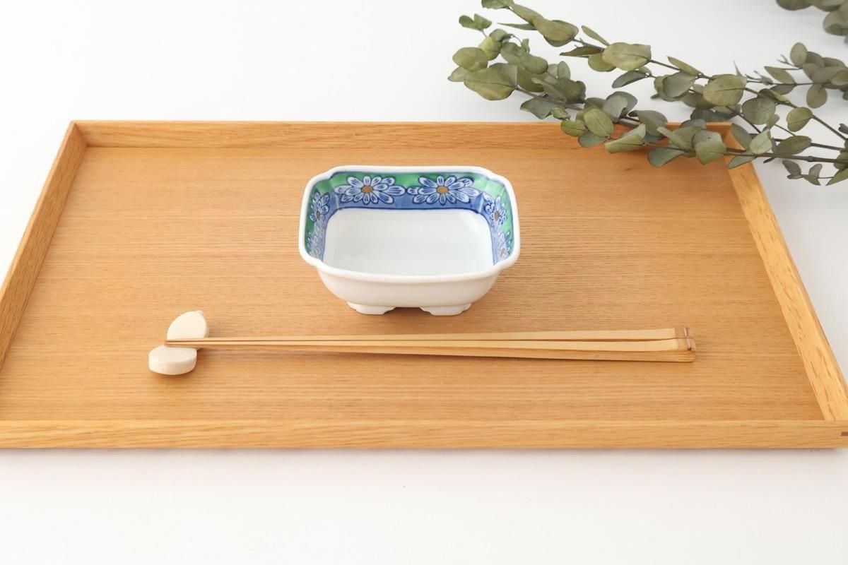 Square Small Bowl Blue and Green Rim Flower Pattern | Kobachi Arita Ware