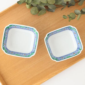 Square Small Bowl Blue and Green Rim Flower Pattern | Kobachi Arita Ware