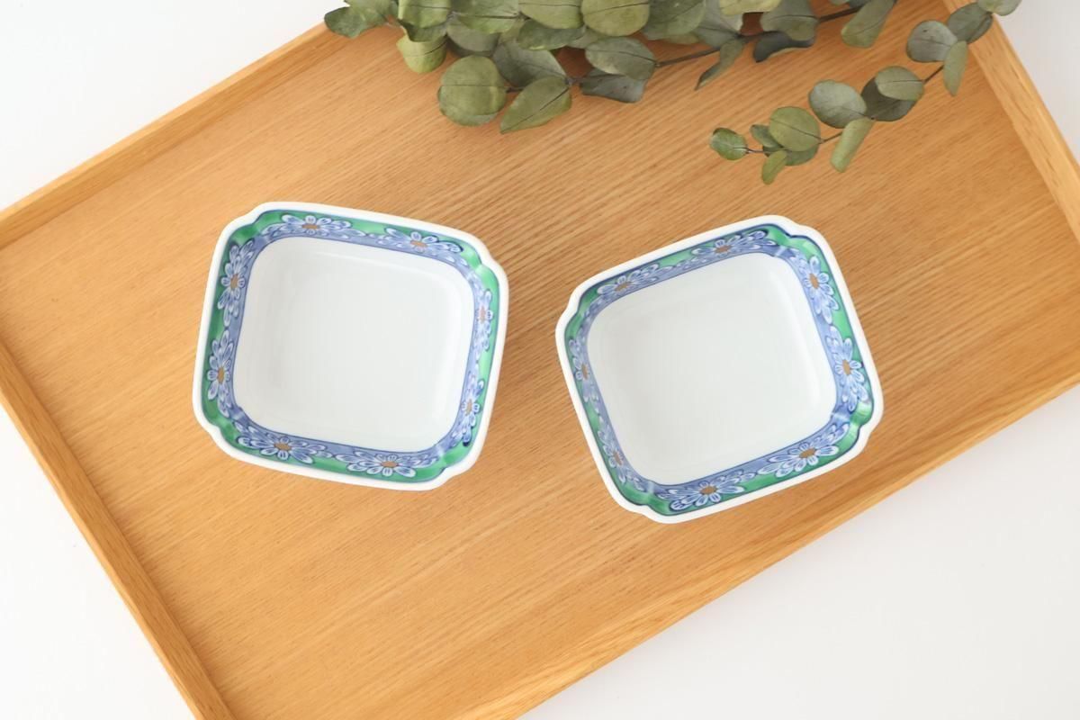 Square Small Bowl Blue and Green Rim Flower Pattern | Kobachi Arita Ware