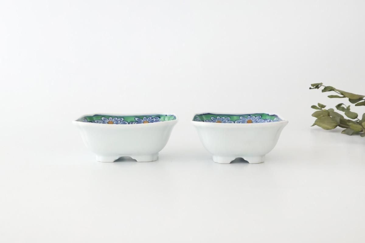 Square Small Bowl Blue and Green Rim Flower Pattern | Kobachi Arita Ware