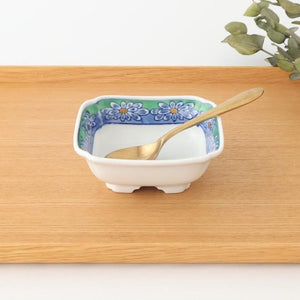 Square Small Bowl Blue and Green Rim Flower Pattern | Kobachi Arita Ware
