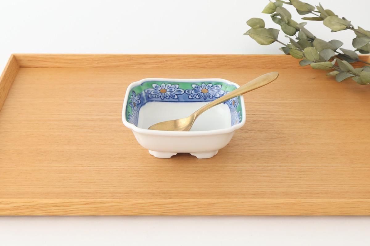 Square Small Bowl Blue and Green Rim Flower Pattern | Kobachi Arita Ware