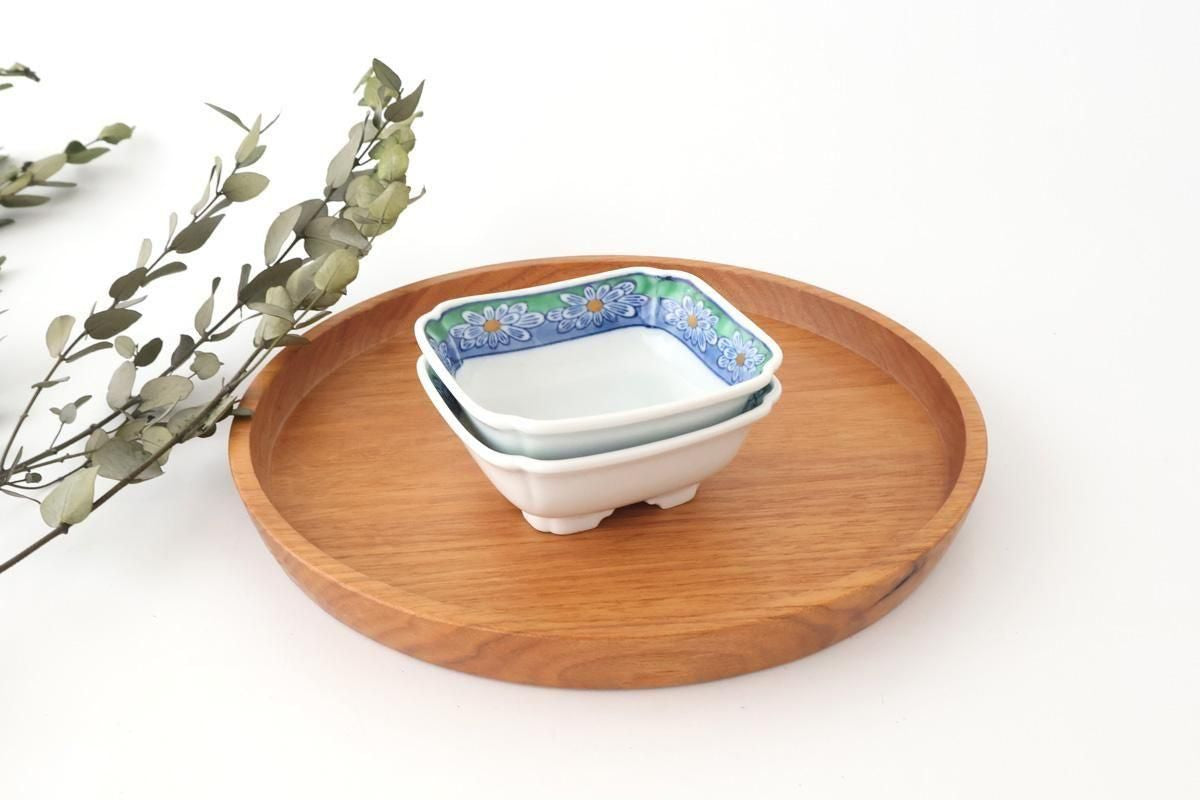 Square Small Bowl Blue and Green Rim Flower Pattern | Kobachi Arita Ware