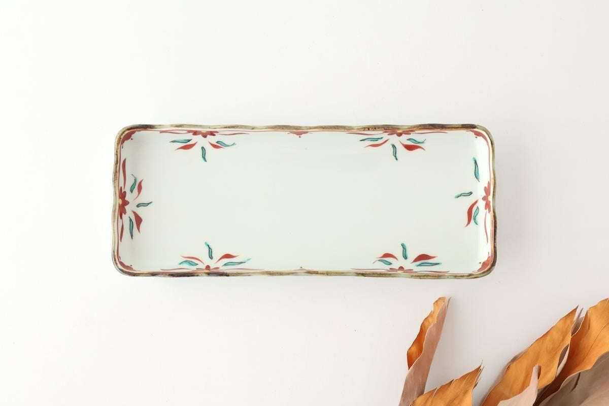 Wave-rimmed Rectangular Plate Red and Green | Sushi Plate Arita Ware