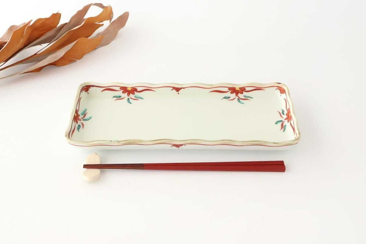 Wave-rimmed Rectangular Plate Red and Green | Sushi Plate Arita Ware