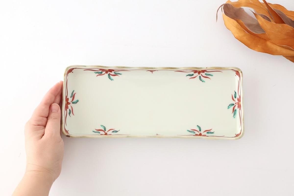 Wave-rimmed Rectangular Plate Red and Green | Sushi Plate Arita Ware