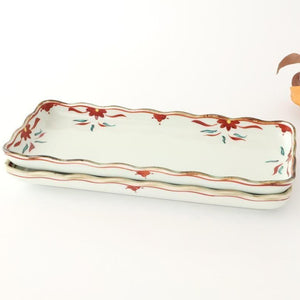Wave-rimmed Rectangular Plate Red and Green | Sushi Plate Arita Ware