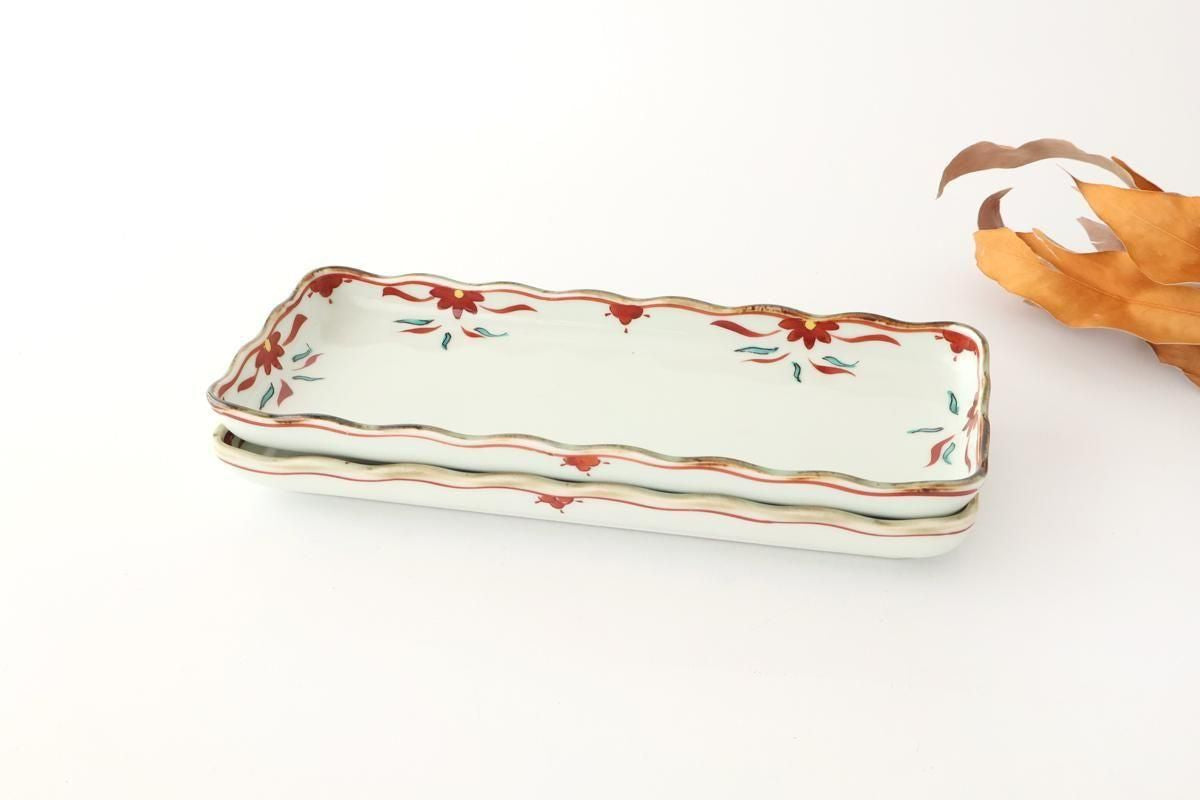 Wave-rimmed Rectangular Plate Red and Green | Sushi Plate Arita Ware