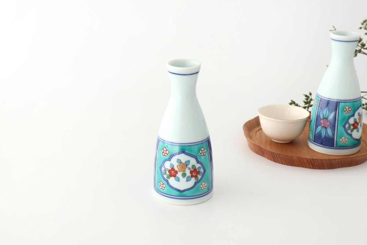Sake Bottle Tokkuri Red Flower and Green Frame | Arita Ware