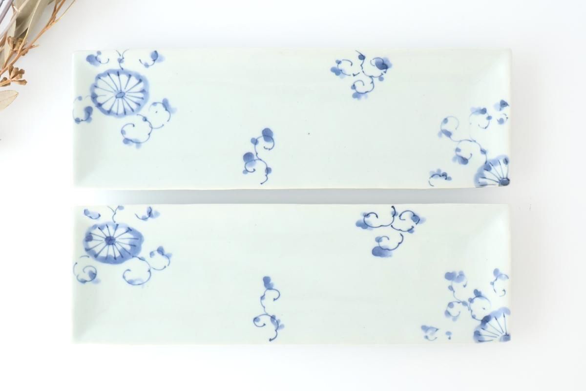 Rectangle Plate Blue Chrysanthemum｜Sushi Plate Arita Ware