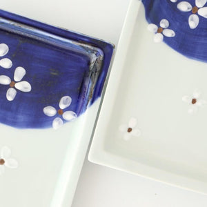 Small rectangular plate with indigo and seven flowers in gold leaf, porcelain, Hasami ware