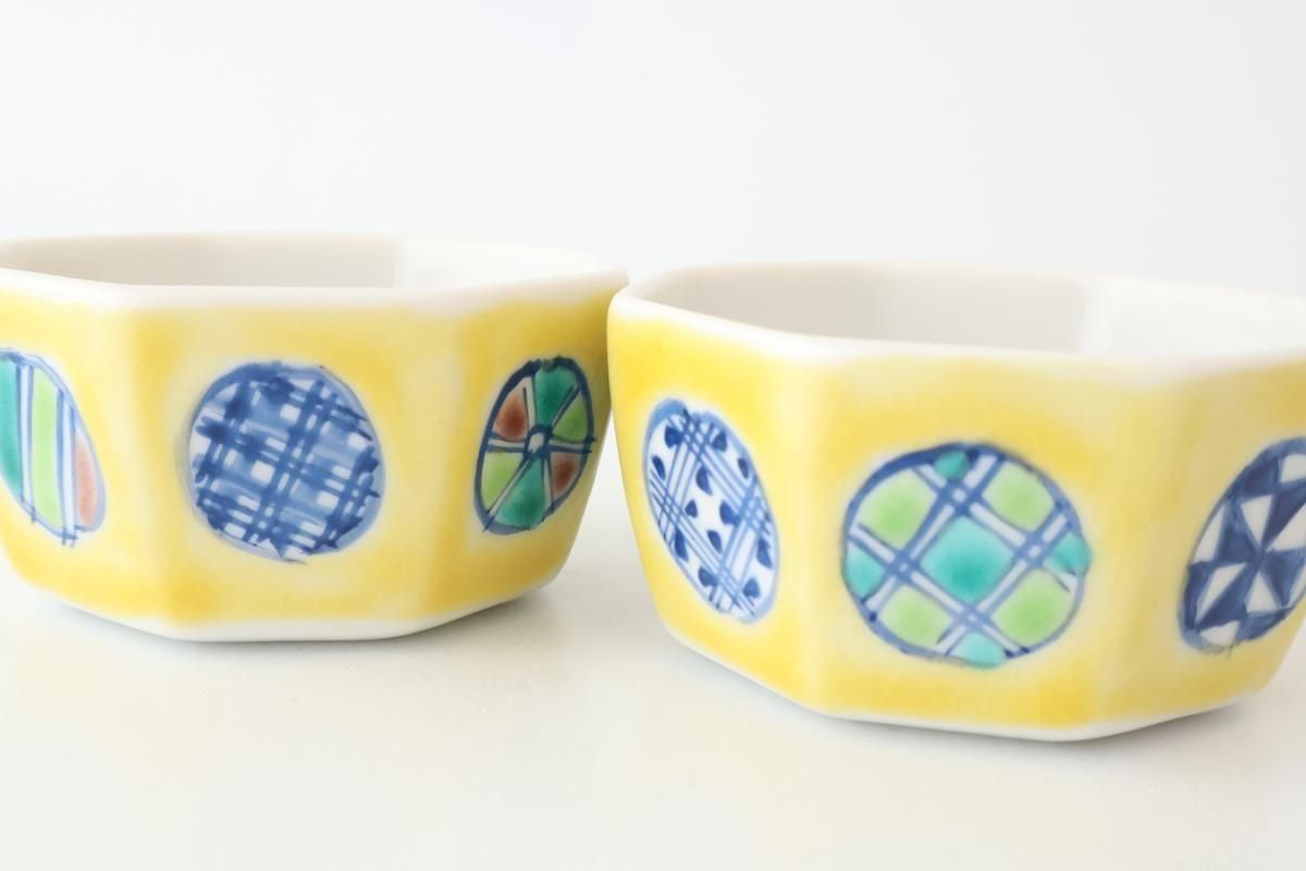 Biseki Kiln Octagonal Bowl Round Pattern Yellow | Kobachi Kutani Ware