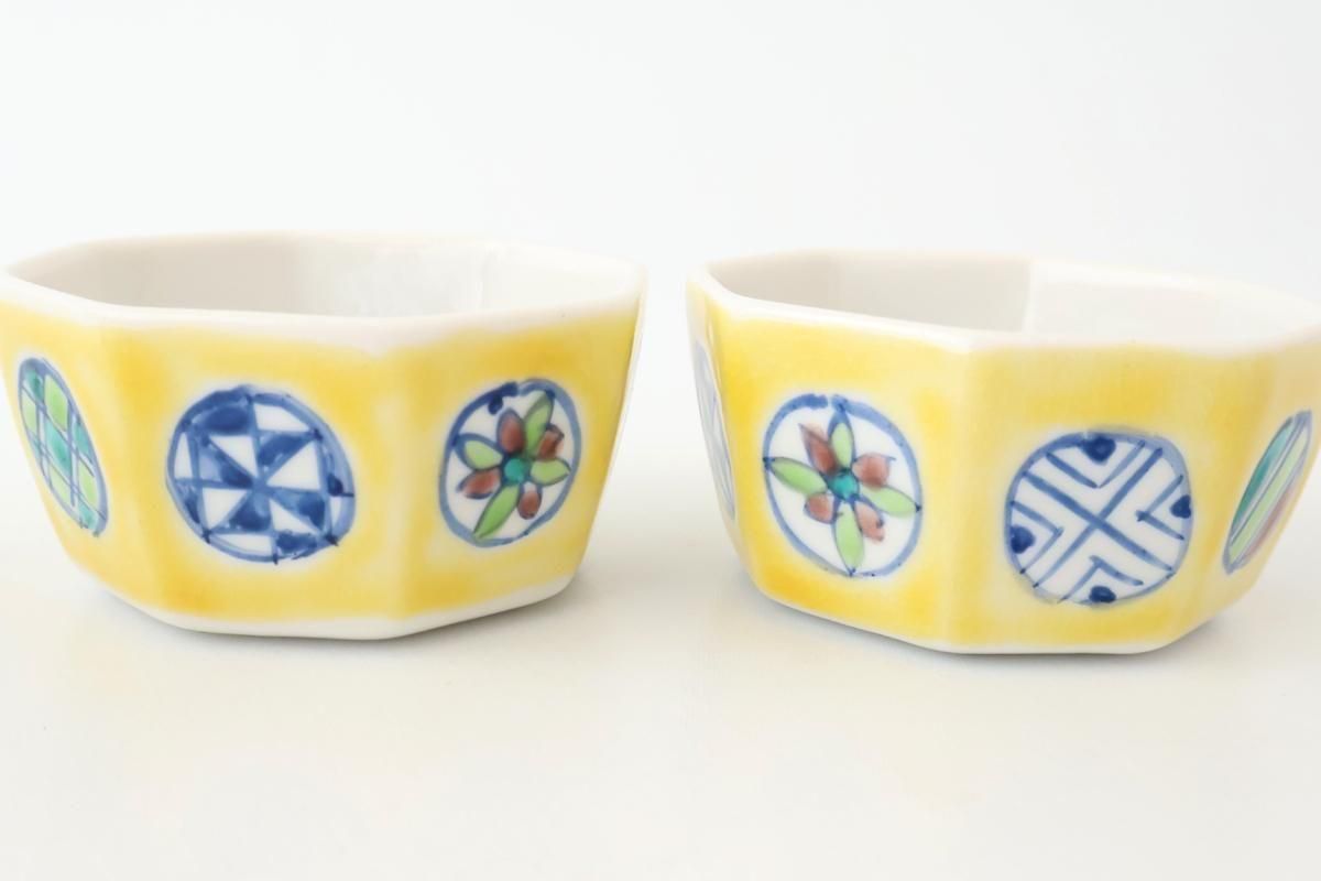 Biseki Kiln Octagonal Bowl Round Pattern Yellow | Kobachi Kutani Ware