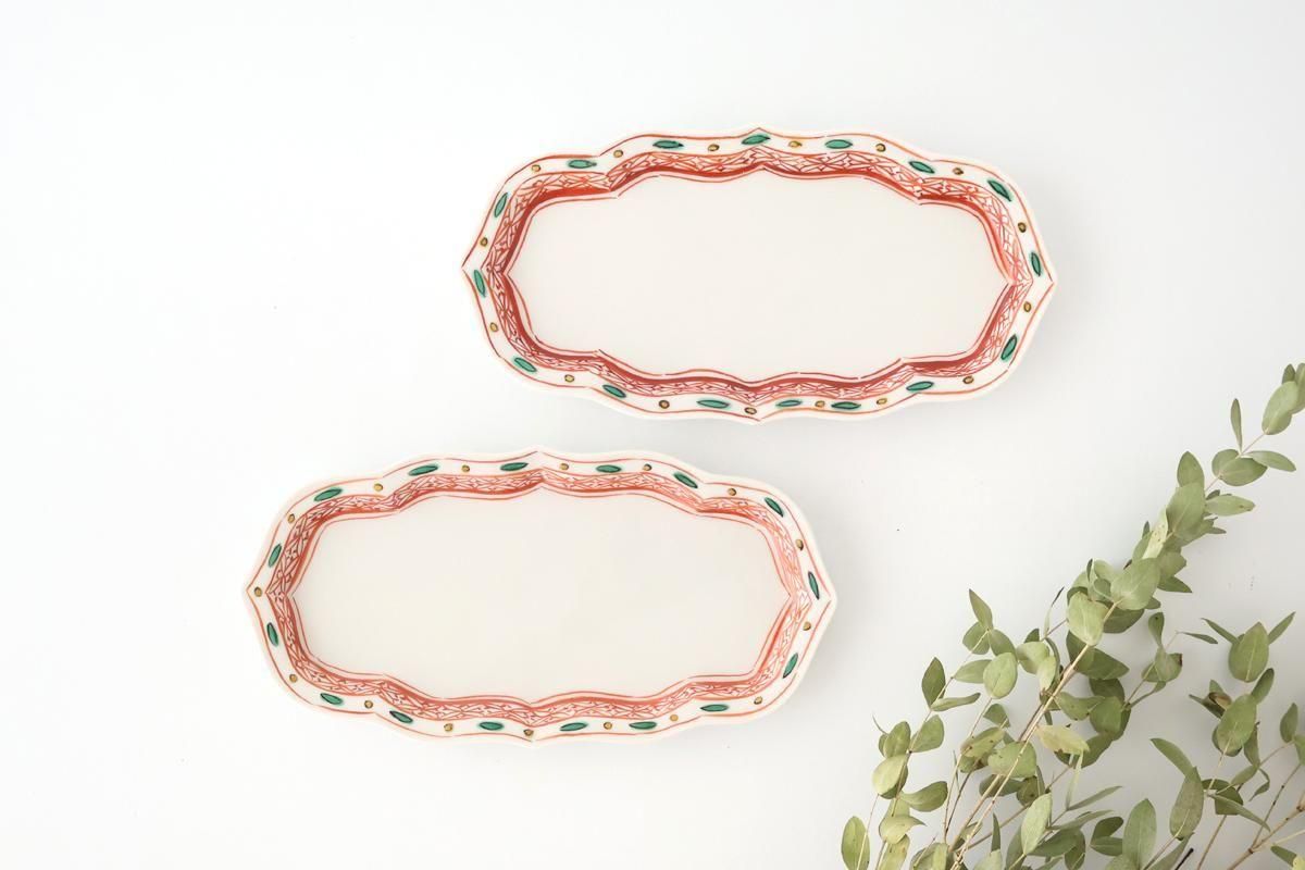 Kutani Bitoen Rectangle Plate Red and Green | Sushi Plate Kutani Ware