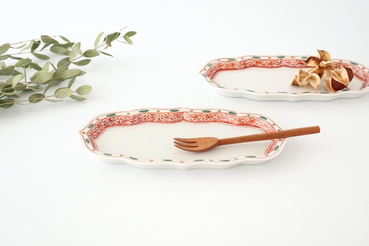 Kutani Bitoen Rectangle Plate Red and Green | Sushi Plate Kutani Ware