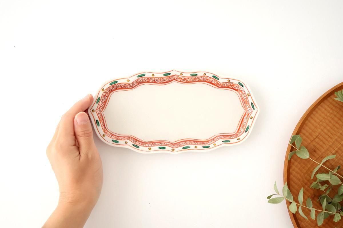 Kutani Bitoen Rectangle Plate Red and Green | Sushi Plate Kutani Ware